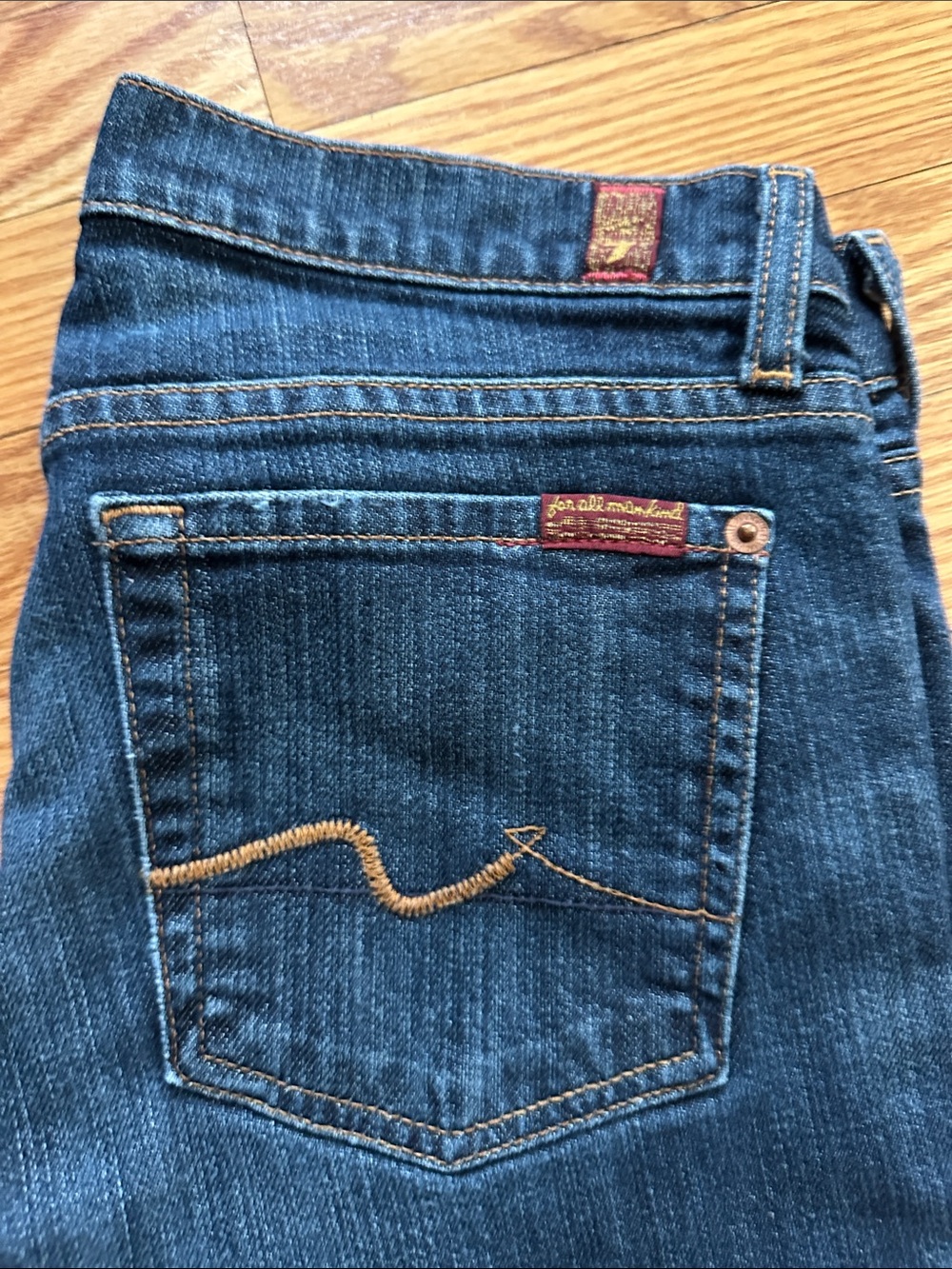 7 For All Mankind Women’s Boot Cut Jeans in Dark Blue with Gold Stitching